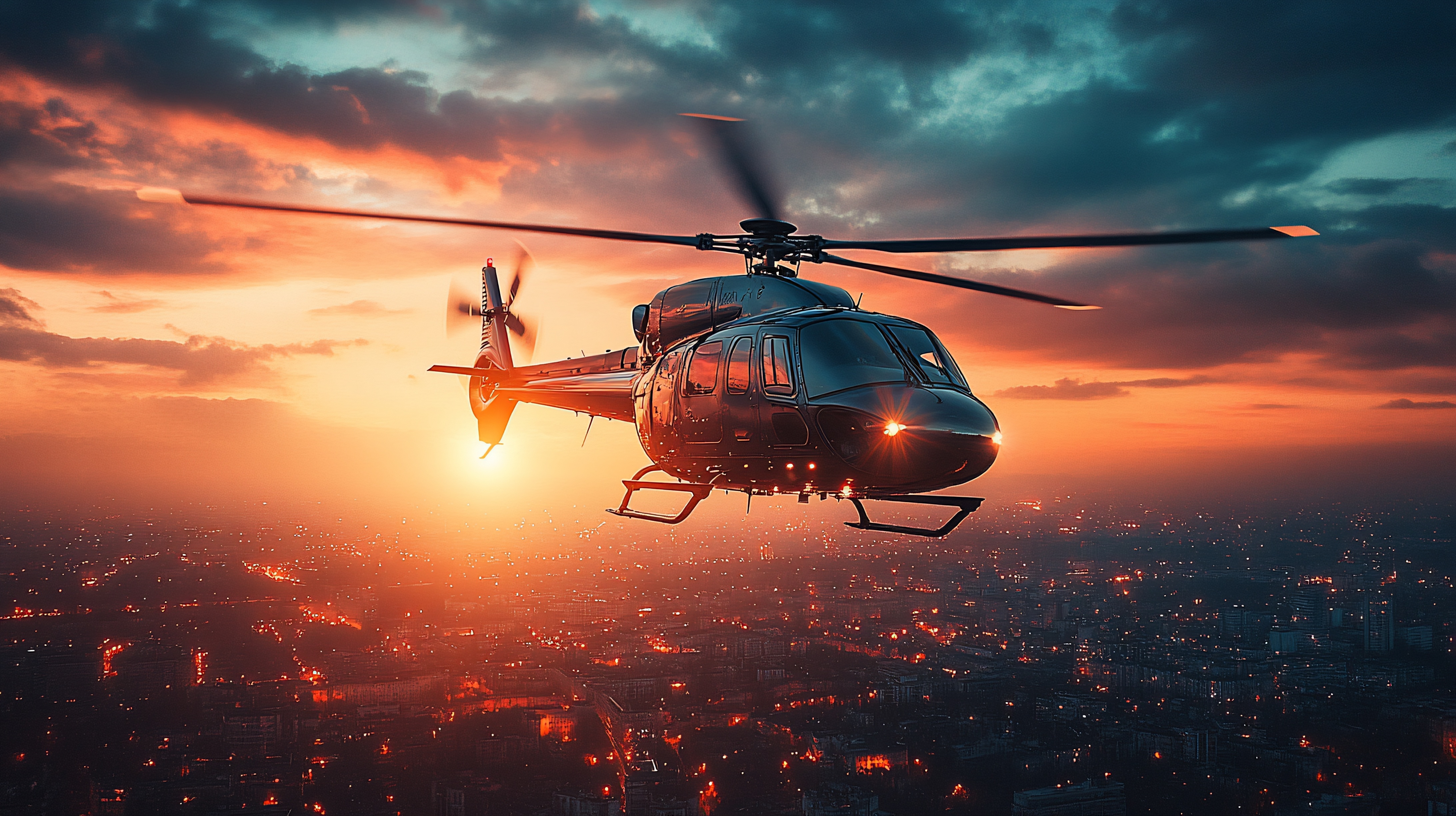 A helicopter flying over a city at sunset.